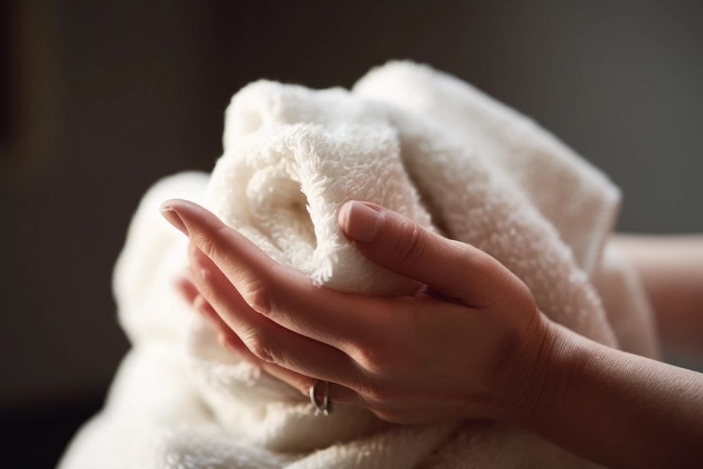 Salon Hand Towels sbwcws A close up of a stylists hands delicately holding a soft 2a77ccc6 a05d 4d76 8b8e e87ea23088e8 Microfiber Salon Towels Wholesale